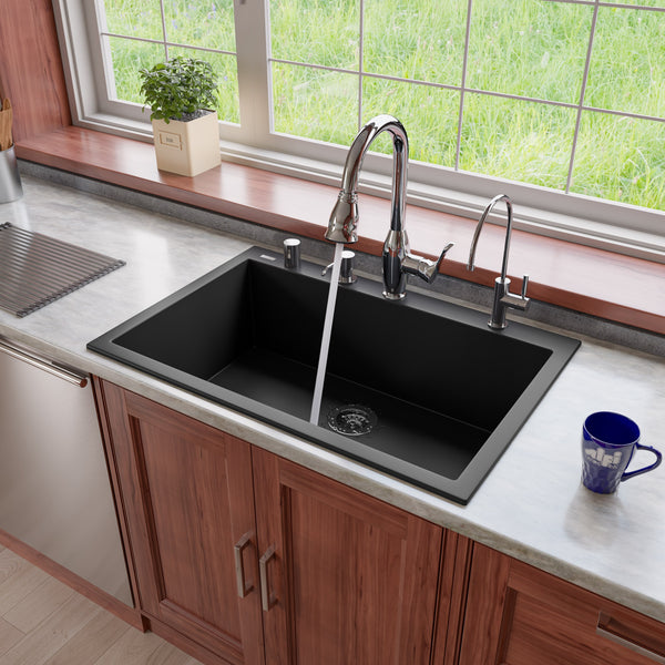 ALFI Black 33" Single Bowl Drop In Granite Composite Kitchen Sink, AB3322DI-BLA