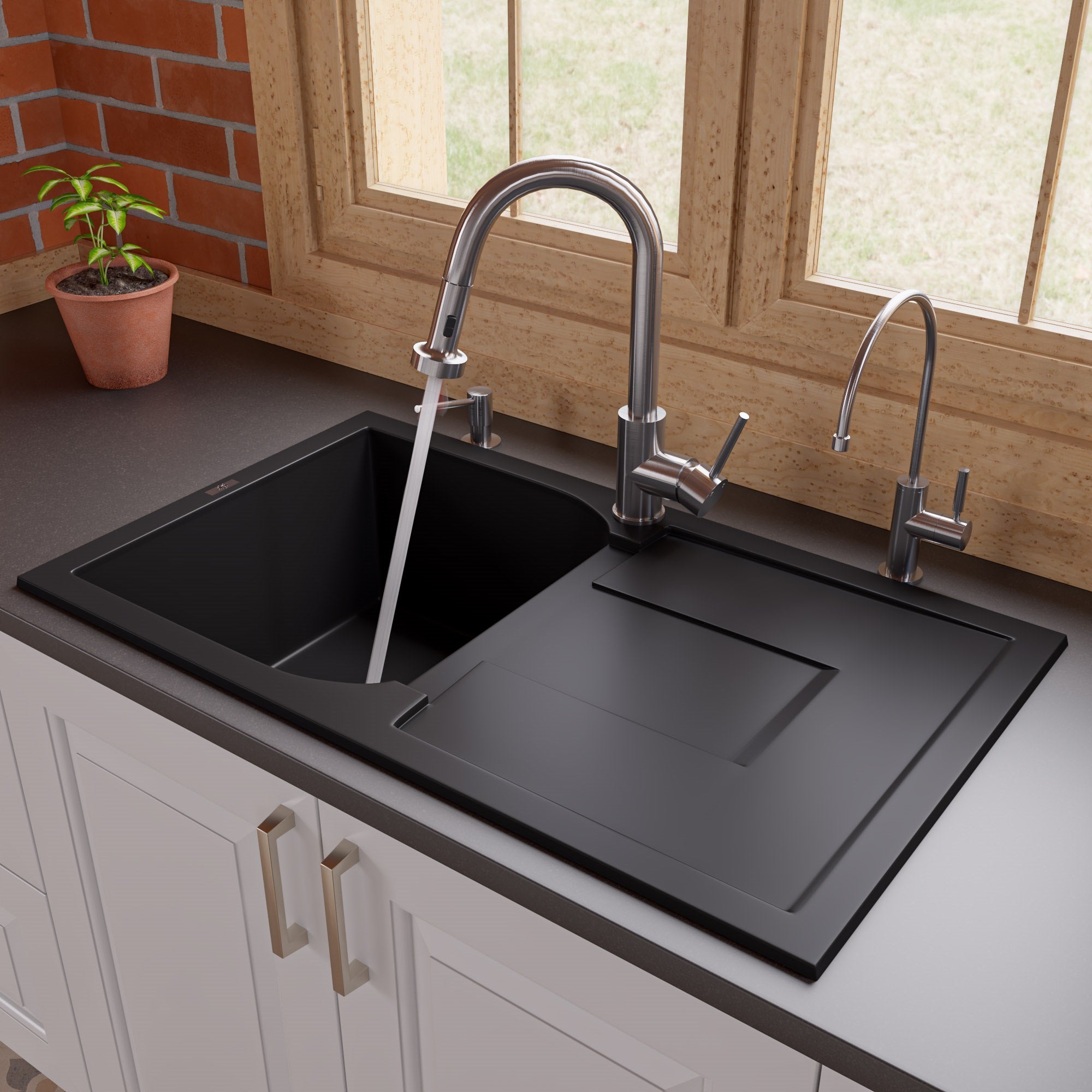 ALFI 34" Single Bowl Granite Composite Kitchen Sink with Drainboard, Black, AB1620DI-BLA