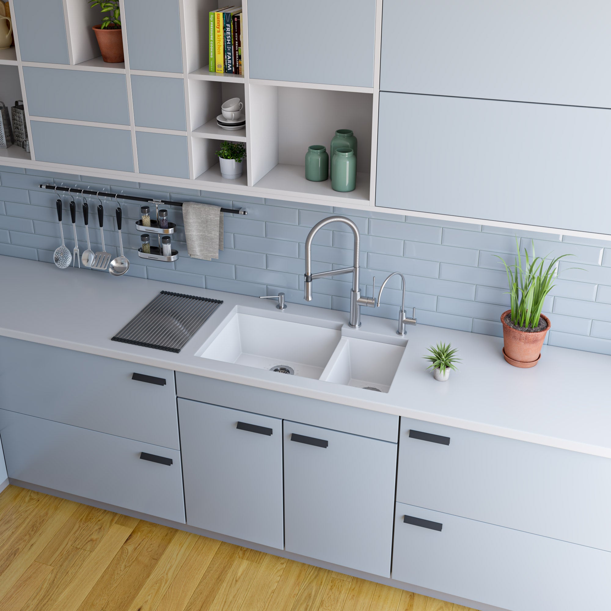 ALFI White 34" Double Bowl Undermount Granite Composite Kitchen Sink, AB3319UM-W