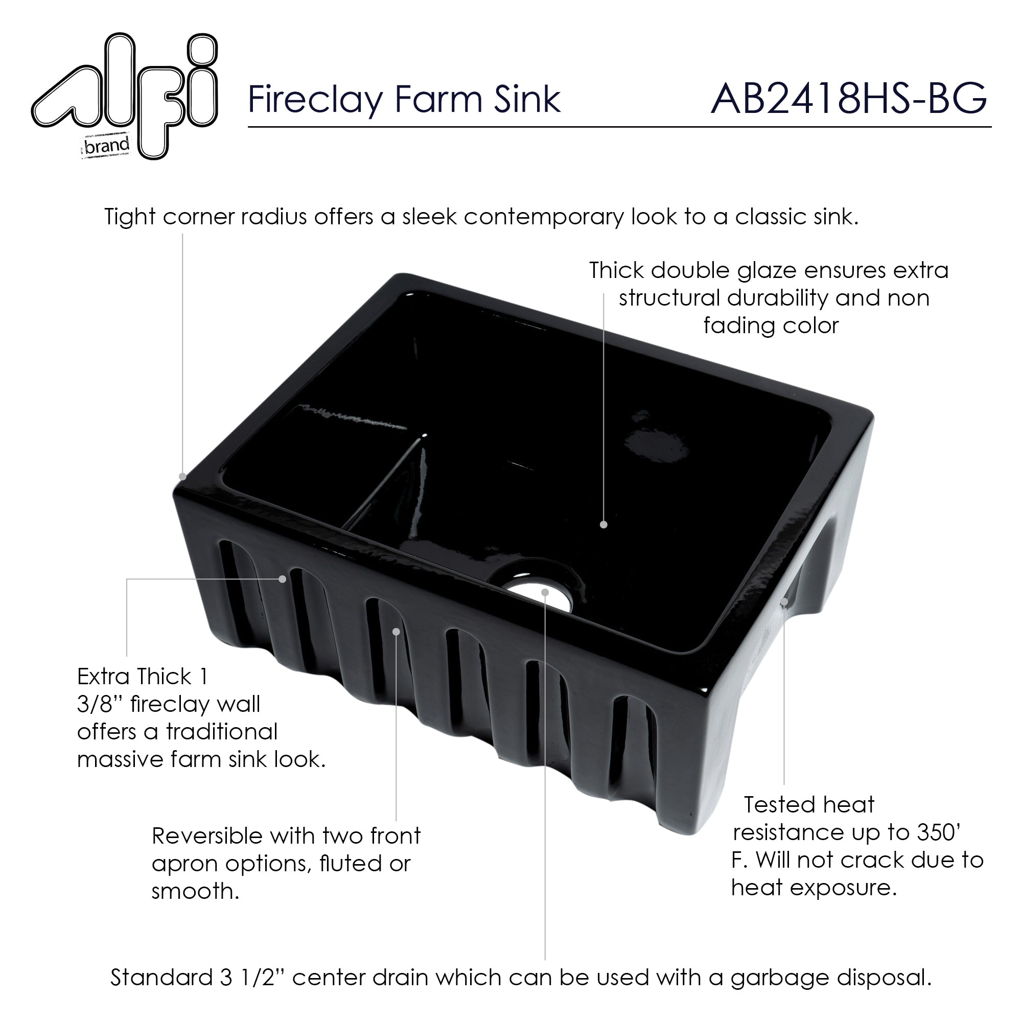 ALFI brand AB2418HS-BG 24" Black Gloss Reversible Smooth / Fluted Single Bowl Fireclay Farm Sink - The Sink Boutique