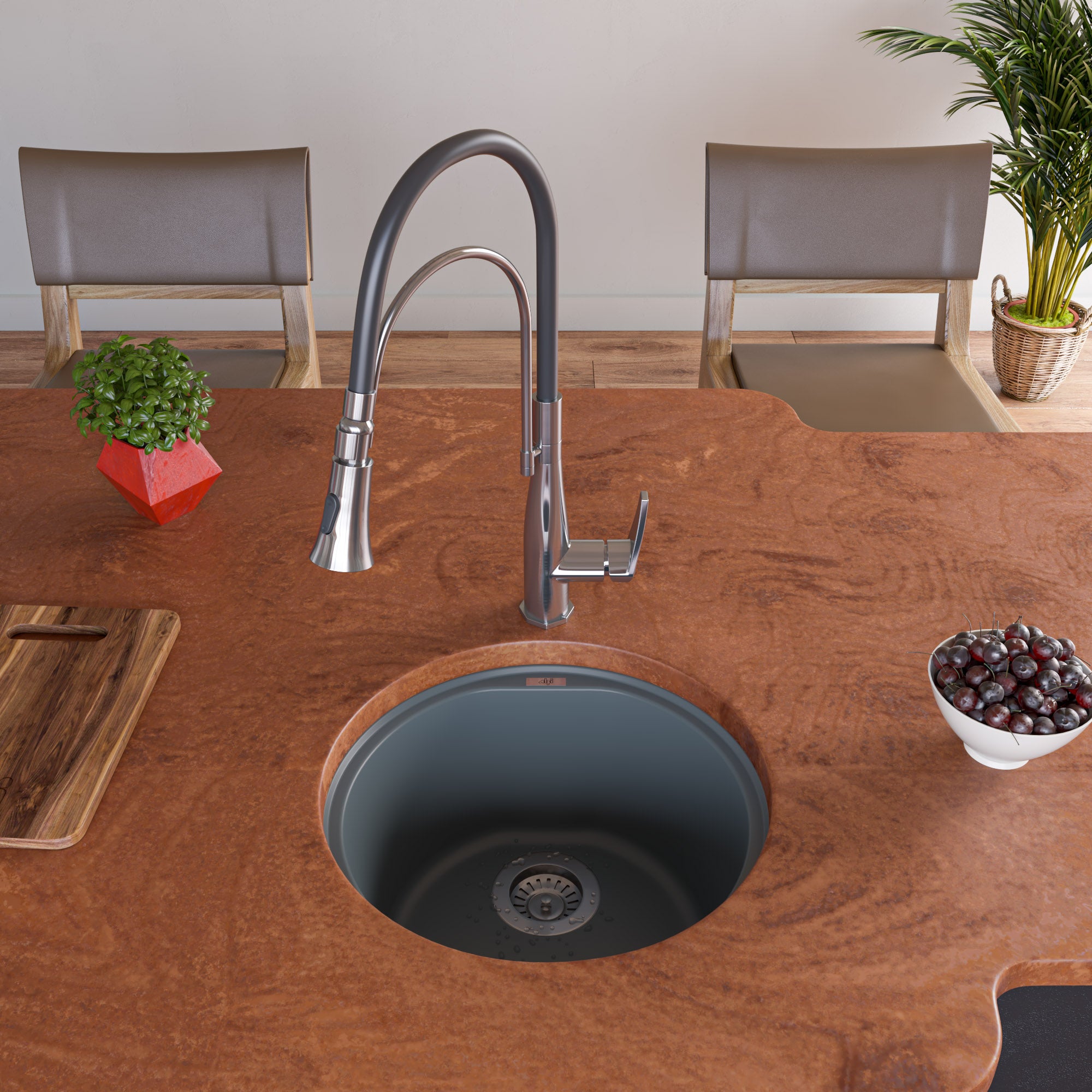 ALFI brand AB1717UM-T Titanium 17" Undermount Round Granite Composite Kitchen Prep Sink
