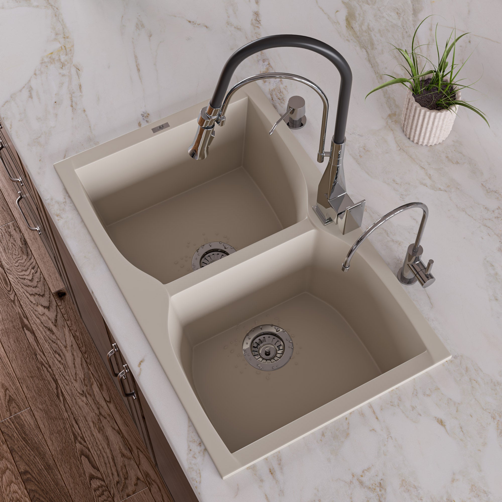 ALFI Biscuit 32" Drop-In Double Bowl Granite Composite Kitchen Sink, AB3220DI-B