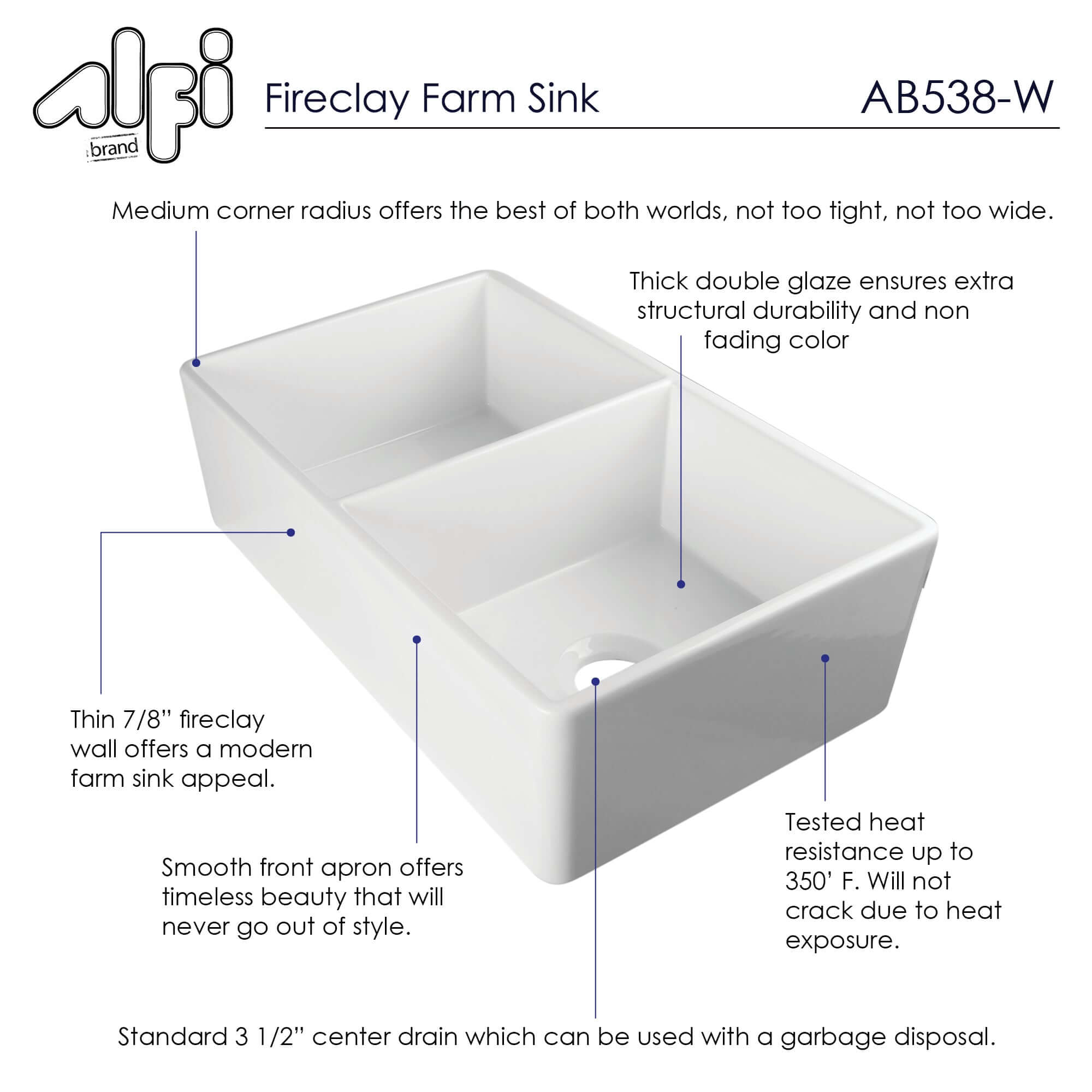 ALFI 32 Double Bowl Fireclay Farmhouse Apron Sink, White, AB538-W