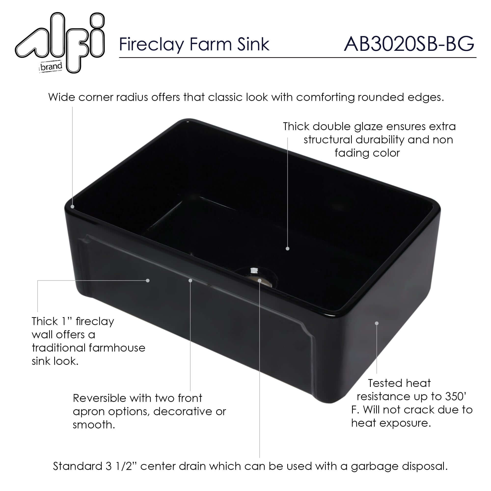 ALFI 30" Single Bowl Fireclay Farmhouse Apron Sink, Black Gloss, AB3020SB-BG - The Sink Boutique