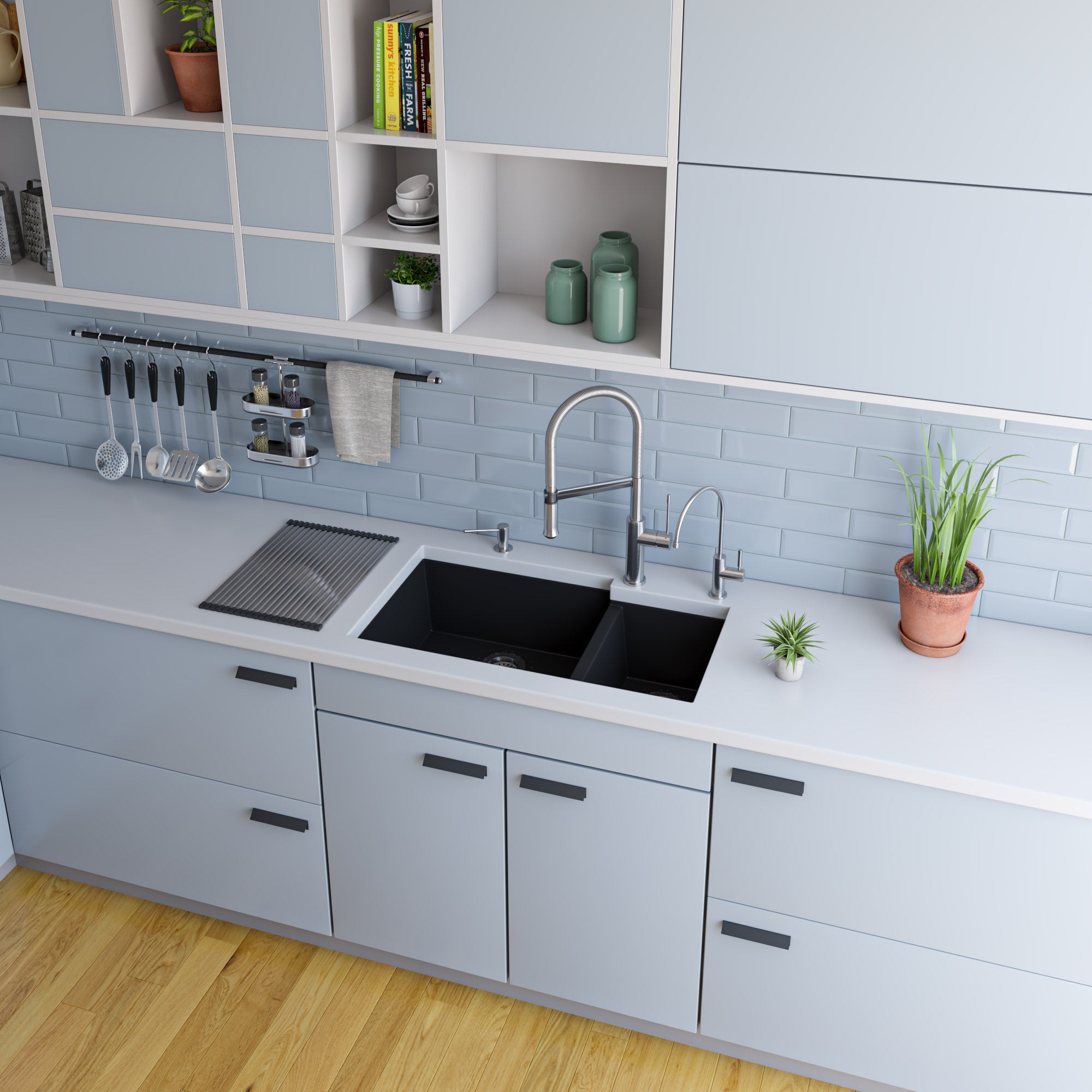 ALFI Black 34" Double Bowl Undermount Granite Composite Kitchen Sink, AB3319UM-BLA