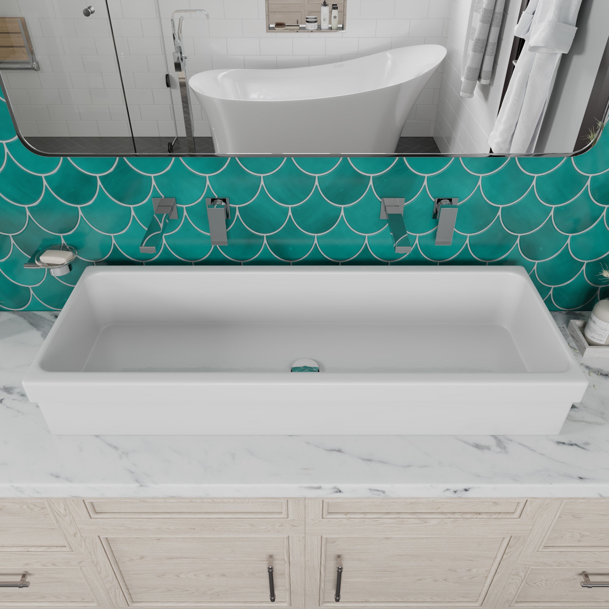 ALFI 48" White Above Mount Fireclay Bath Trough Sink, AB48TR