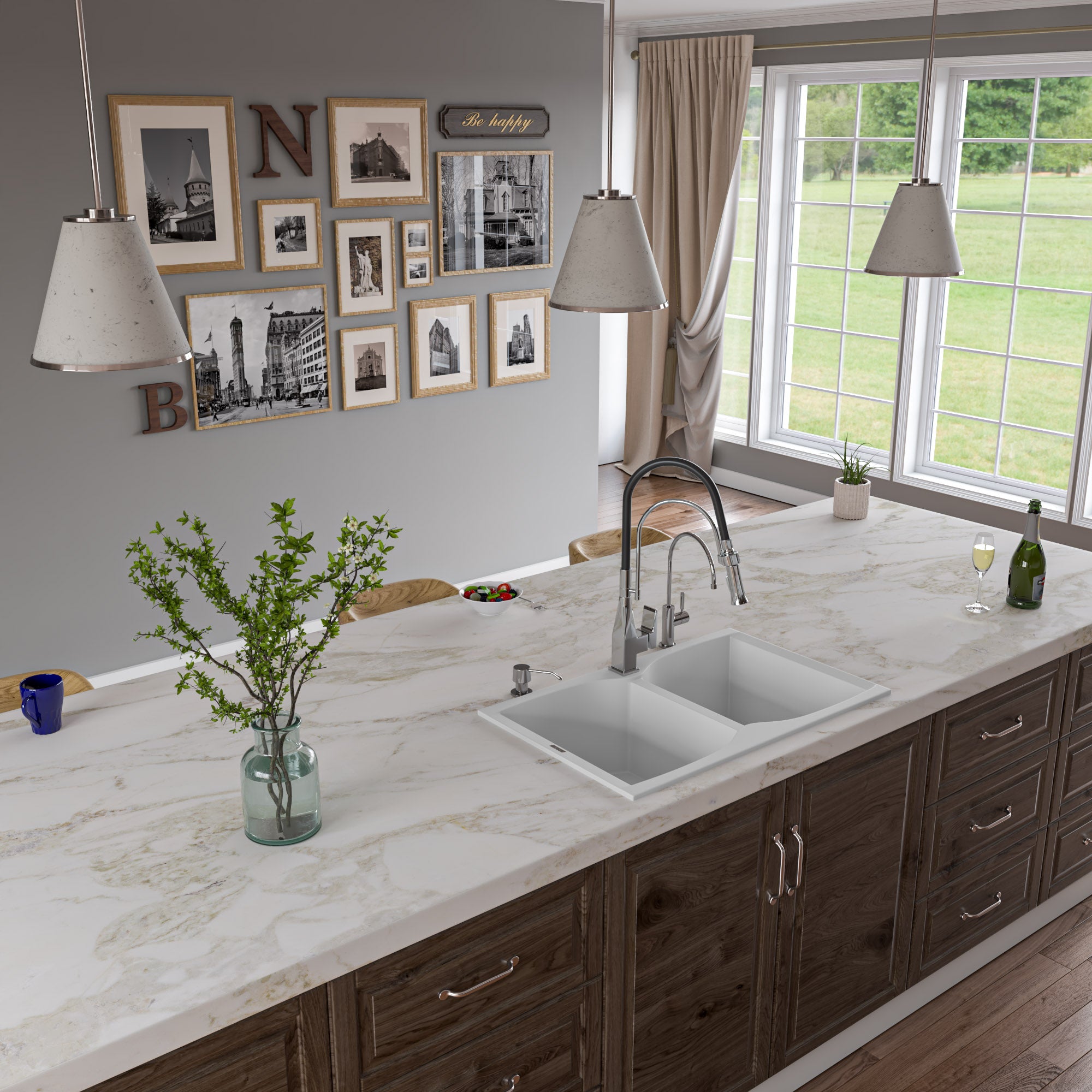 ALFI White 32" Drop-In Double Bowl Granite Composite Kitchen Sink, AB3220DI-W