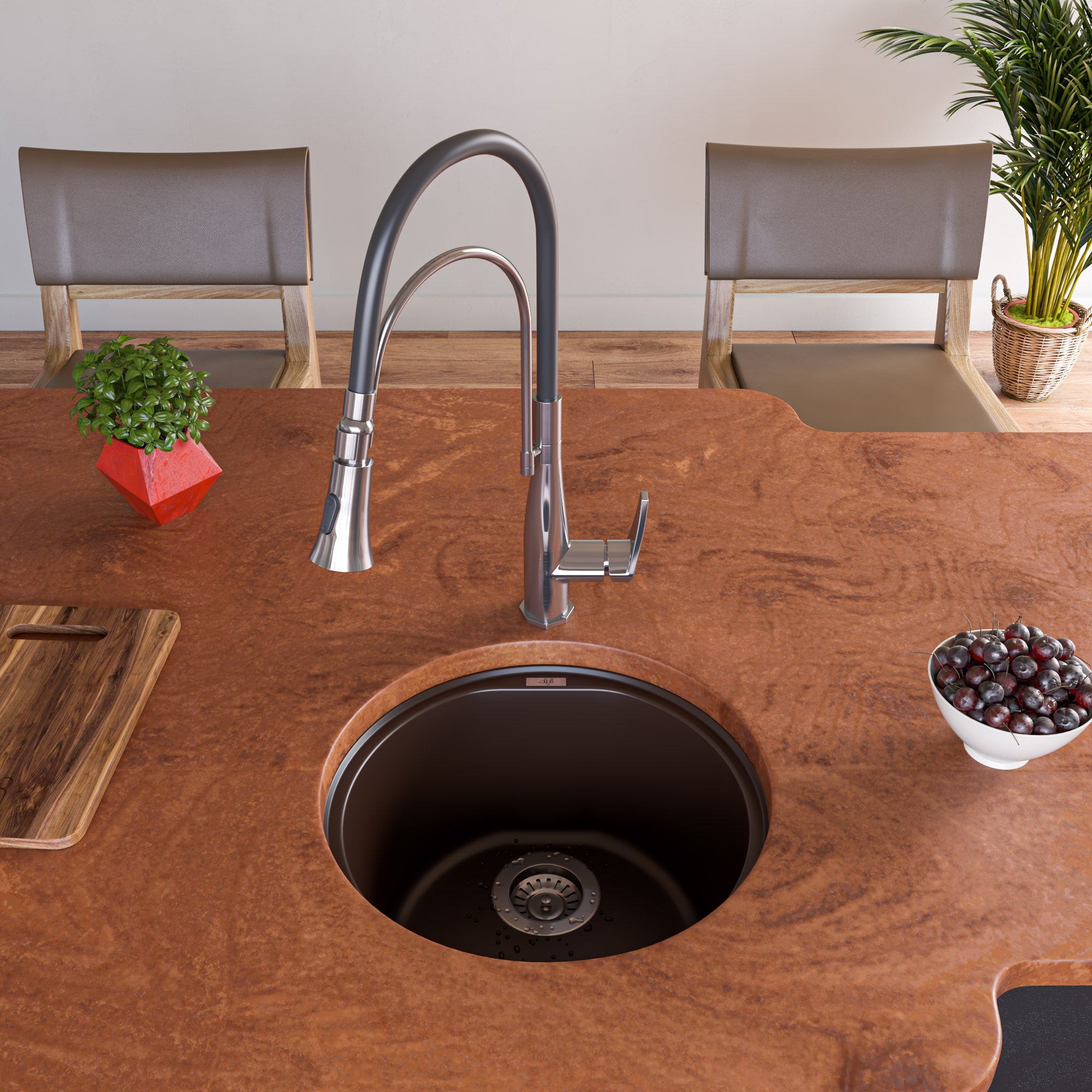 Alternate Image for ALFI brand AB1717UM-C Chocolate 17" Undermount Round Granite Composite Kitchen Prep Sink