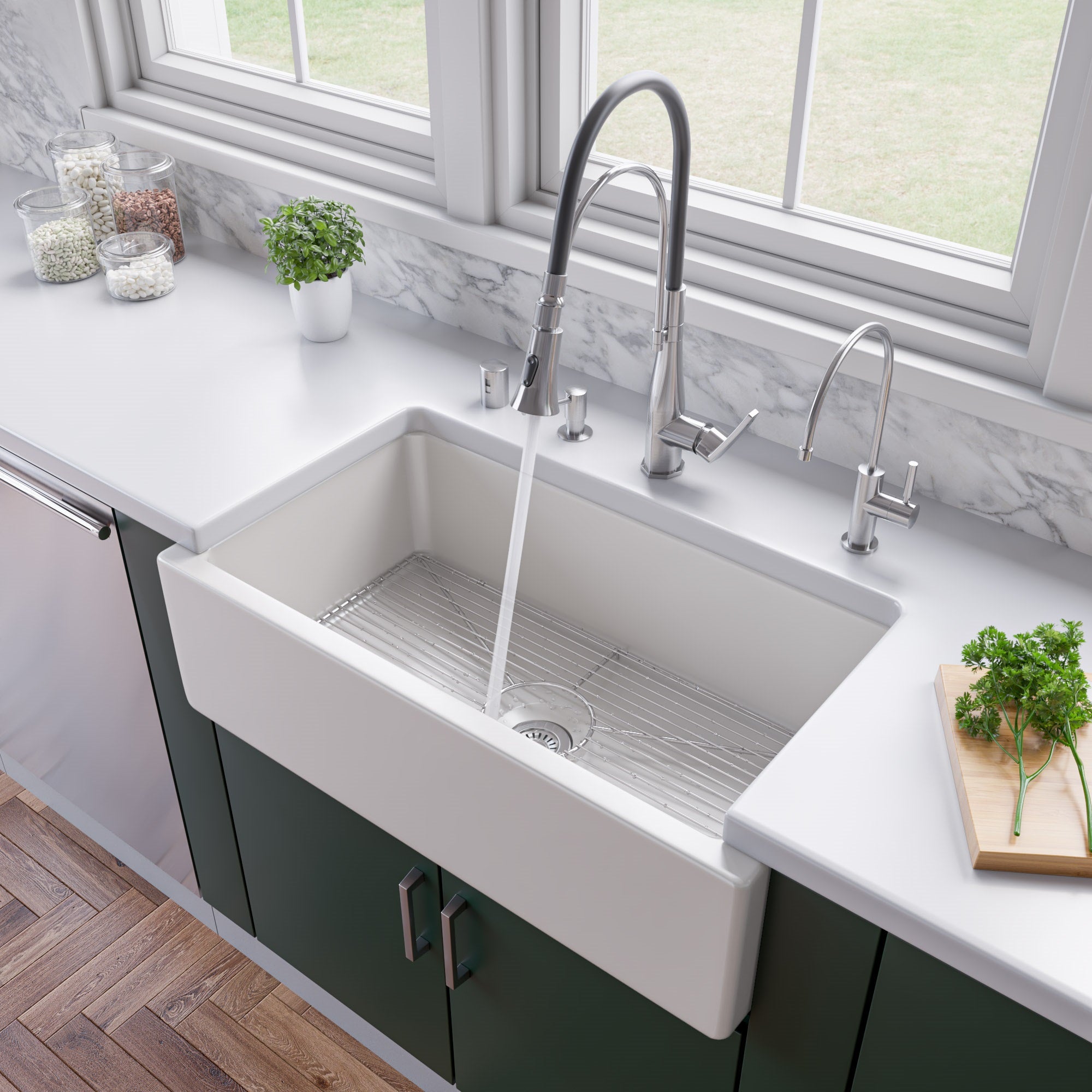 ALFI 33" Fireclay Farmhouse Kitchen Sink, Single Bowl, Reversible, White, AB3318HS-W