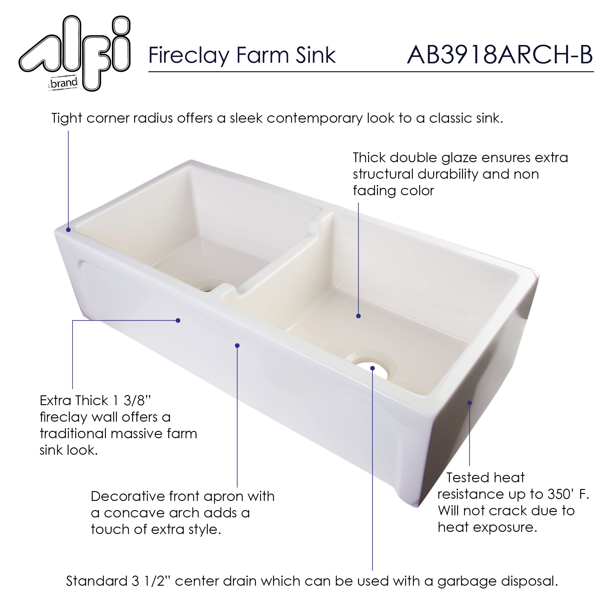 ALFI 39" Arched Double Bowl Thick Wall Fireclay Farmhouse Sink, Biscuit - The Sink Boutique