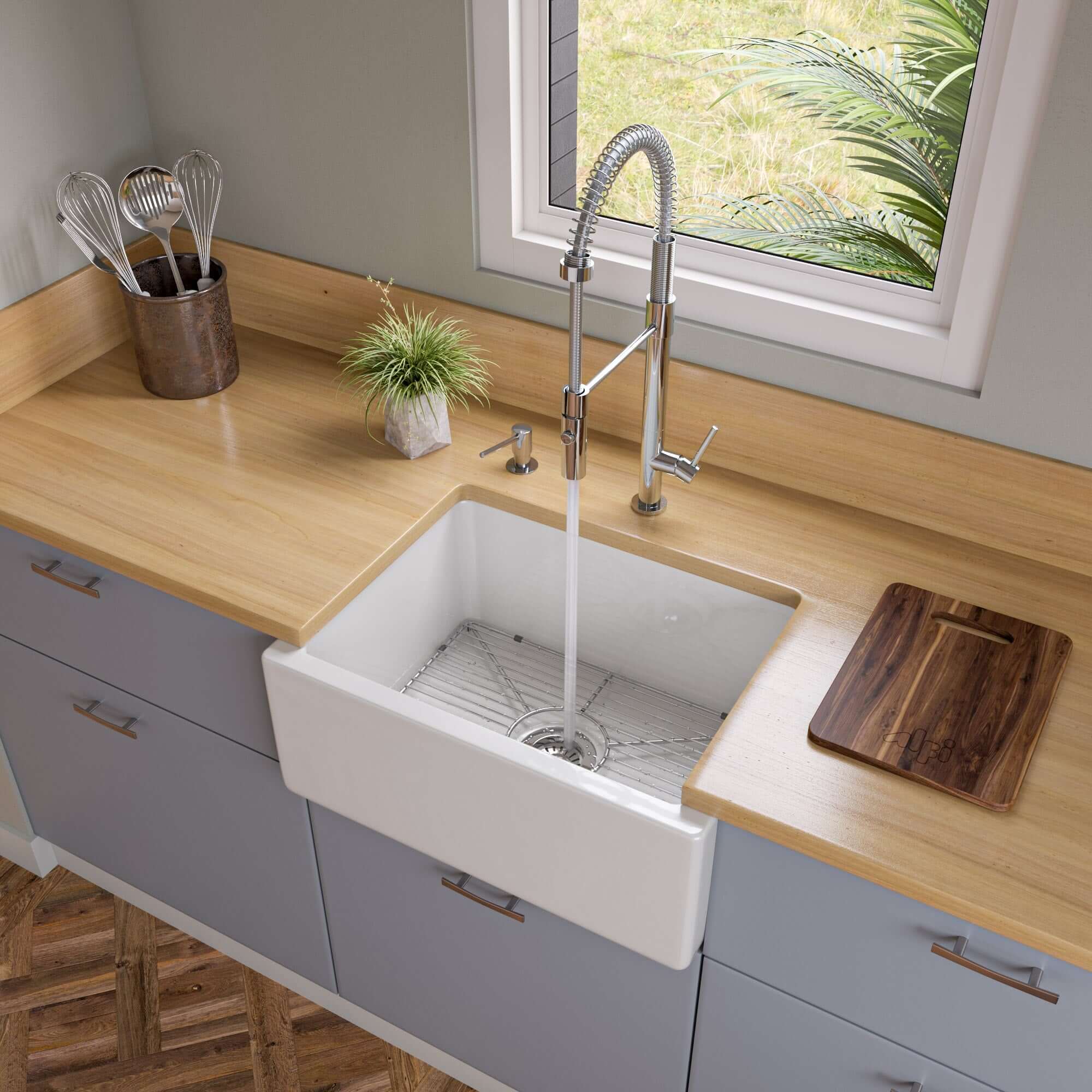 ALFI 24" Single Bowl Fireclay Farmhouse Apron Sink, White, Reversible, AB2418HS-W