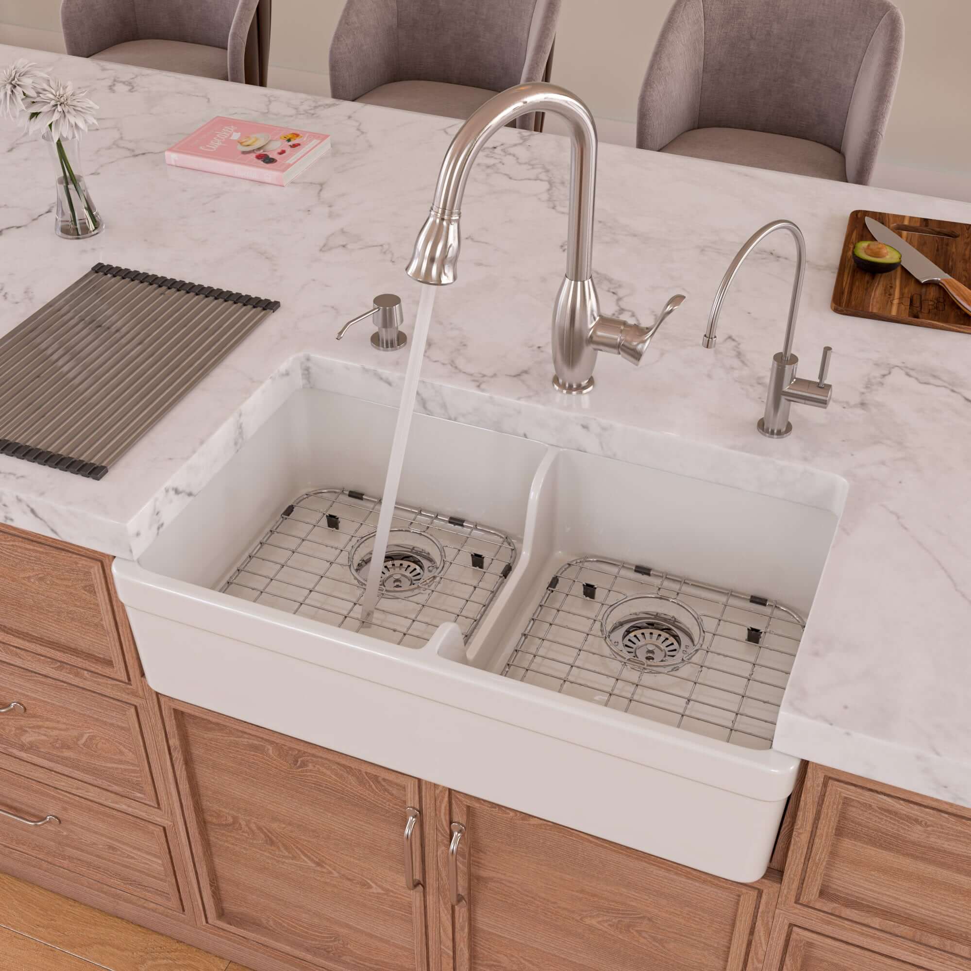 ALFI 32" Short Wall Double Bowl Fireclay Farmhouse Apron Sink, White, AB5123-W