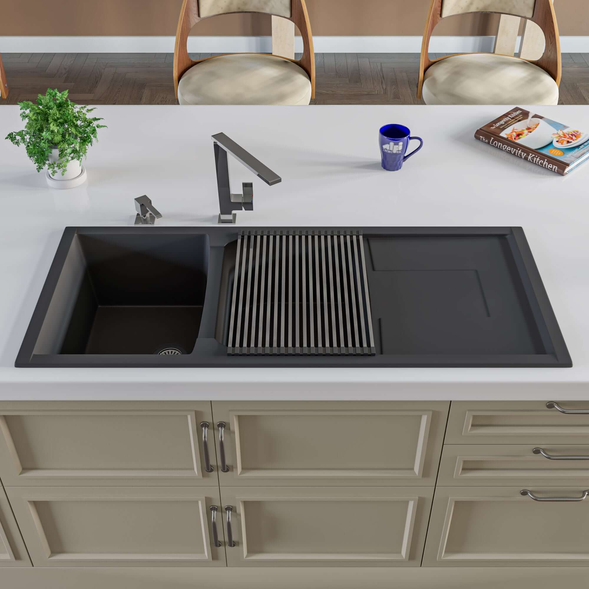 ALFI Black 46" Double Bowl Granite Composite Kitchen Sink with Drainboard, AB4620DI-BLA