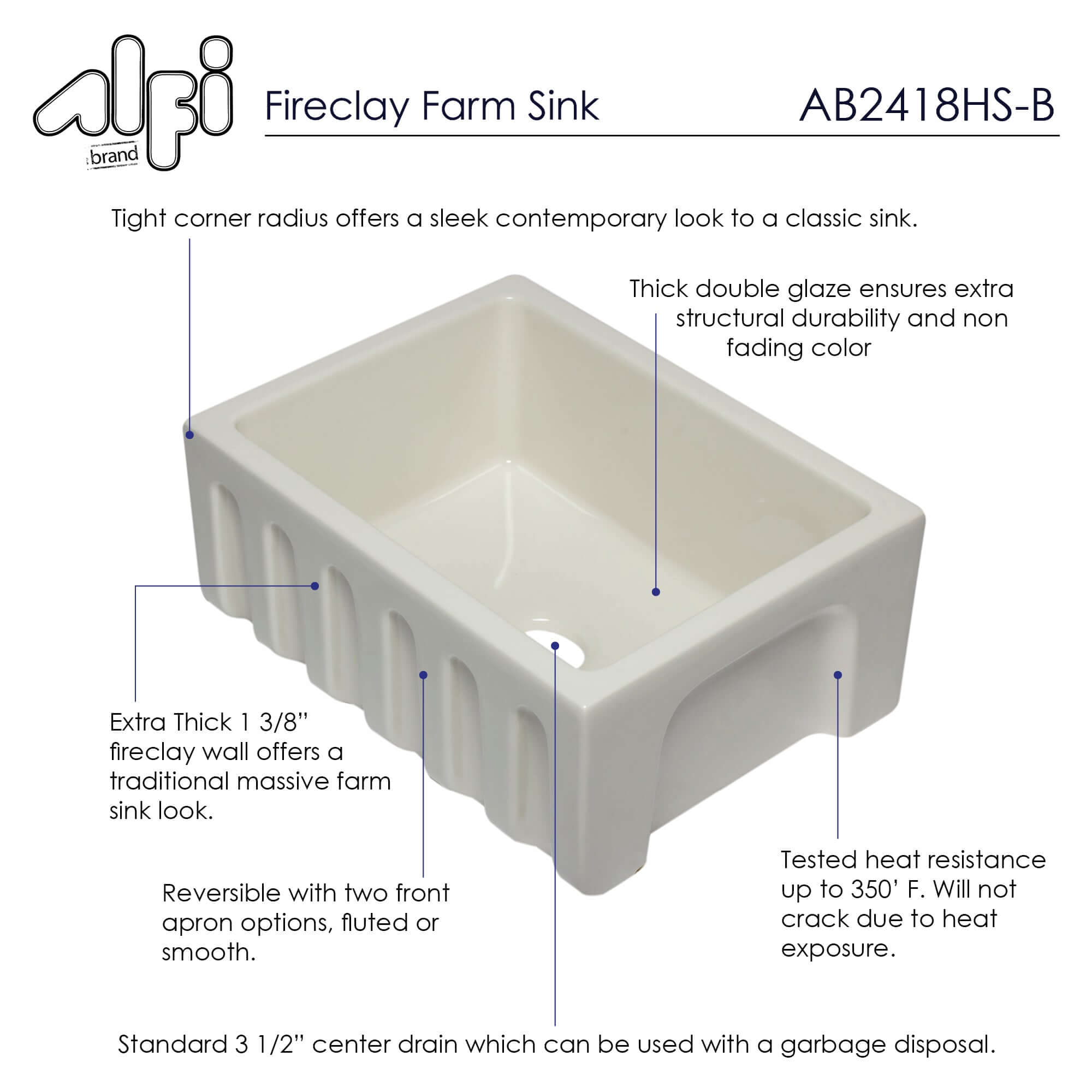 ALFI 24" Single Bowl Fireclay Farmhouse Apron Sink, Biscuit, Reversible - The Sink Boutique