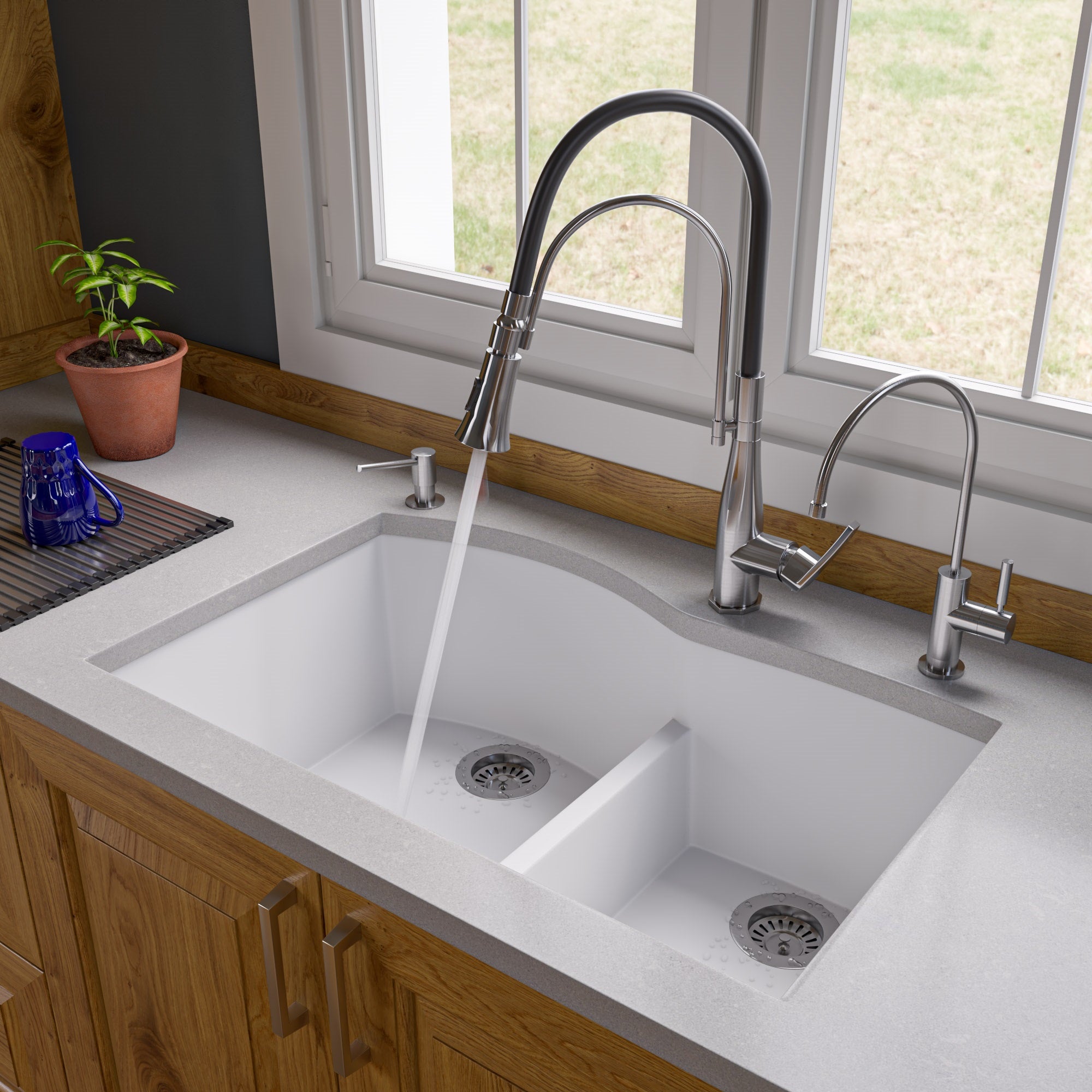 ALFI White 33" Double Bowl Undermount Granite Composite Kitchen Sink, AB3320UM-W